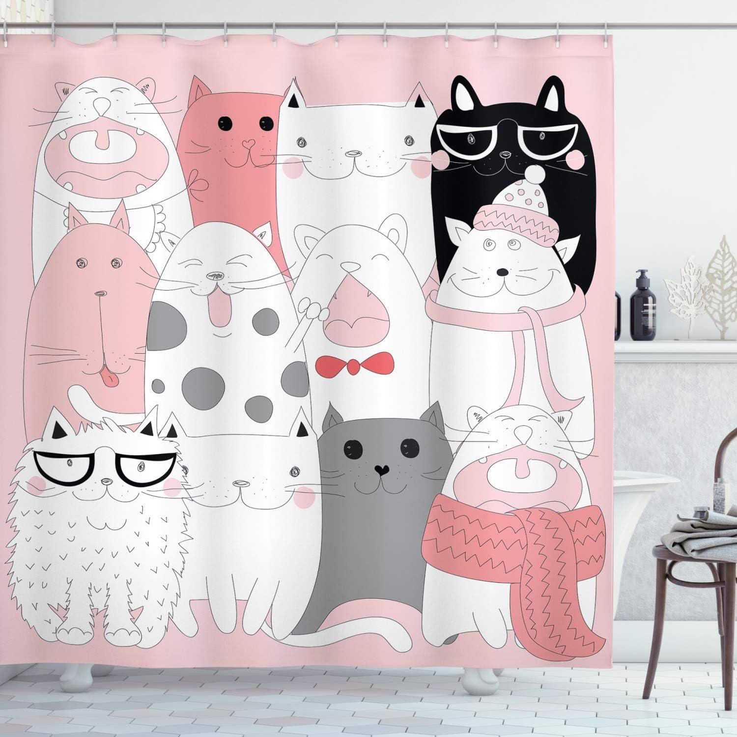 Pale Pink Cartoon Cat Fabric Shower Curtain with Hooks