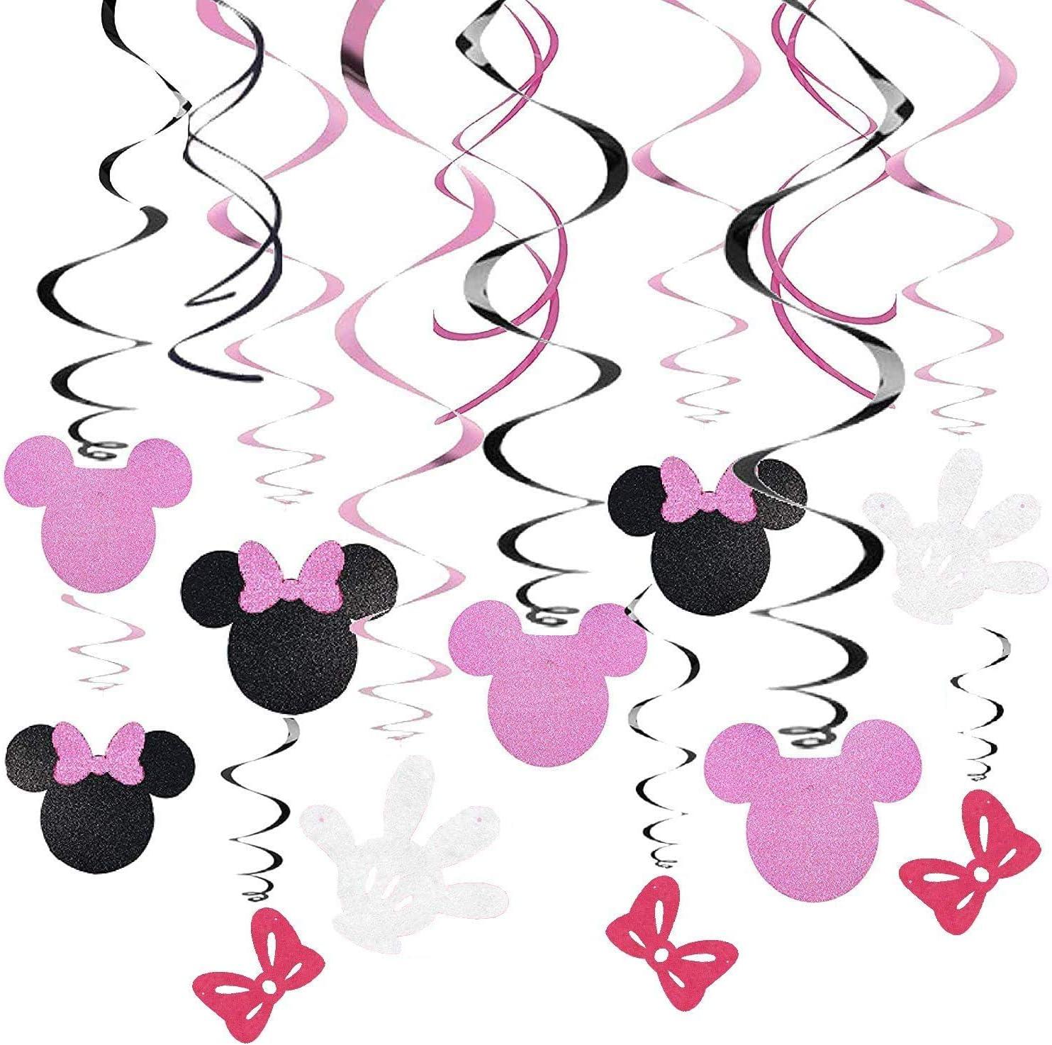 30-Count Pink and Black Mouse Cartoon Birthday Hanging Swirls