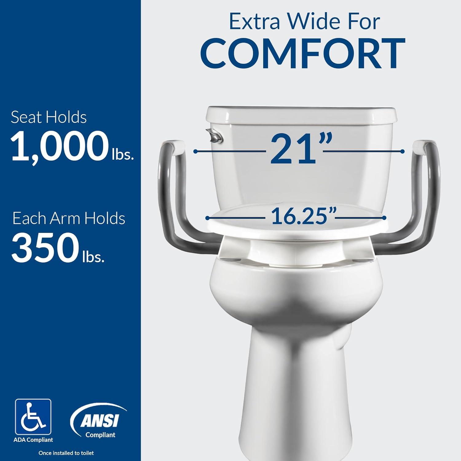 Assurance 3" Raised Toilet Seat with Handles and Bidet Attachment, Secure Hinges, Elongated, White