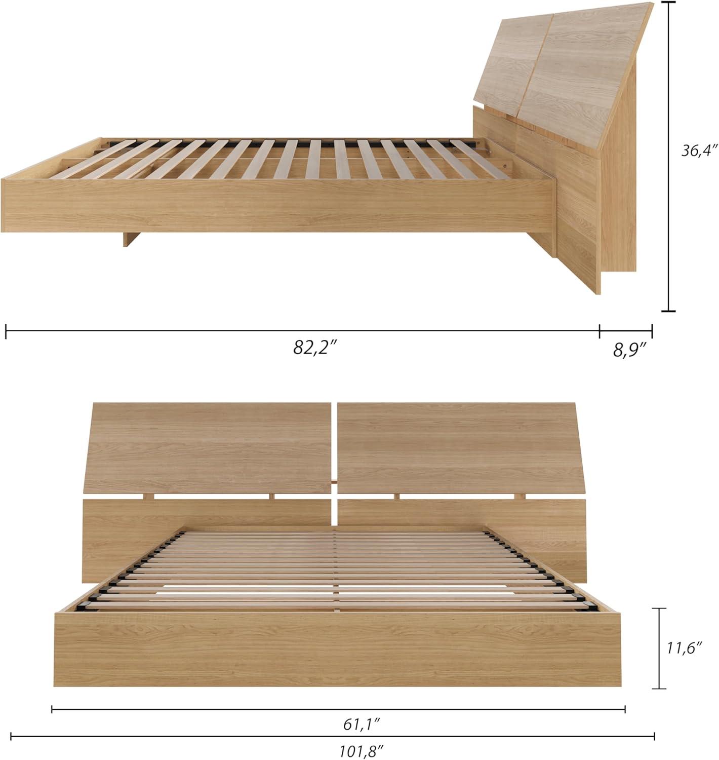 Nexera Kabane Platform Bed with Panoramic Headboard, Natural Maple