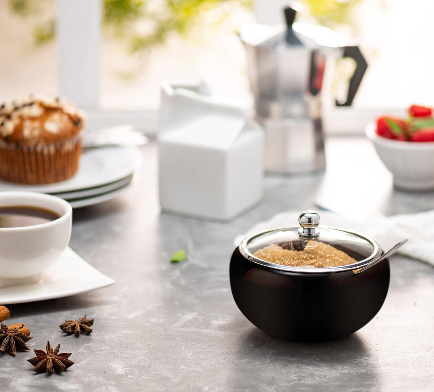 Kook Large Stainless Steel Sugar Bowl and Spoon, Glass Lid, 16 oz, Black