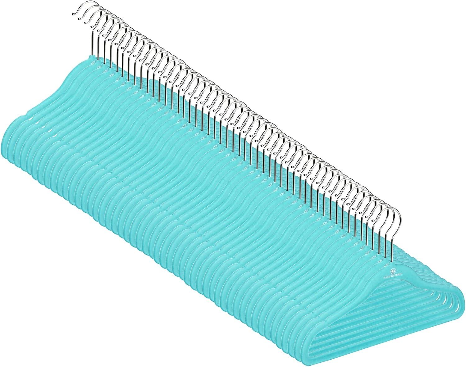 Juvale 50 Pack Non Slip Teal Velvet Clothes Hangers with Cascading Hooks Space Saving for Shirts, Coats, Pants, Suits, and Dresses, 17.5 Inches
