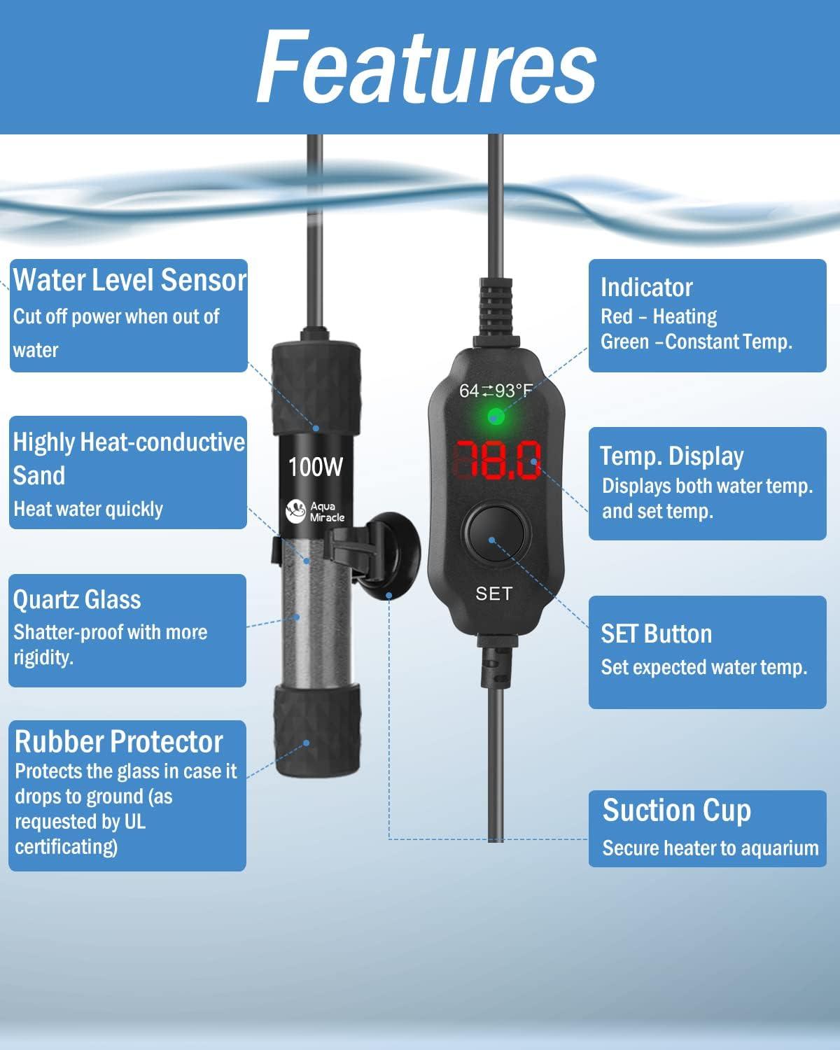 AquaMiracle Adjustable 100W Aquarium Heater Submersible Fish Tank Heater Super Short Aquarium Heater with LED Digital Display Thermostat, for Tanks 10-20 Gallons