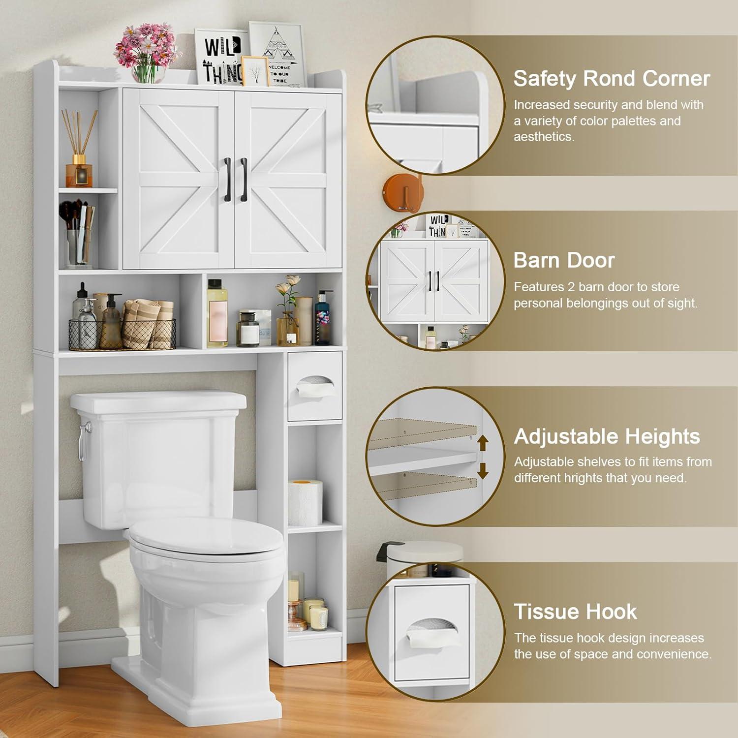 Over The Toilet Storage Cabinet, Farmhouse Storage Cabinet Over Toilet with Sliding Barn Door & Toilet Paper Holder Stand，Home Space-Saving Toilet Rack, for Bathroom, Restroom, Laundry（White）