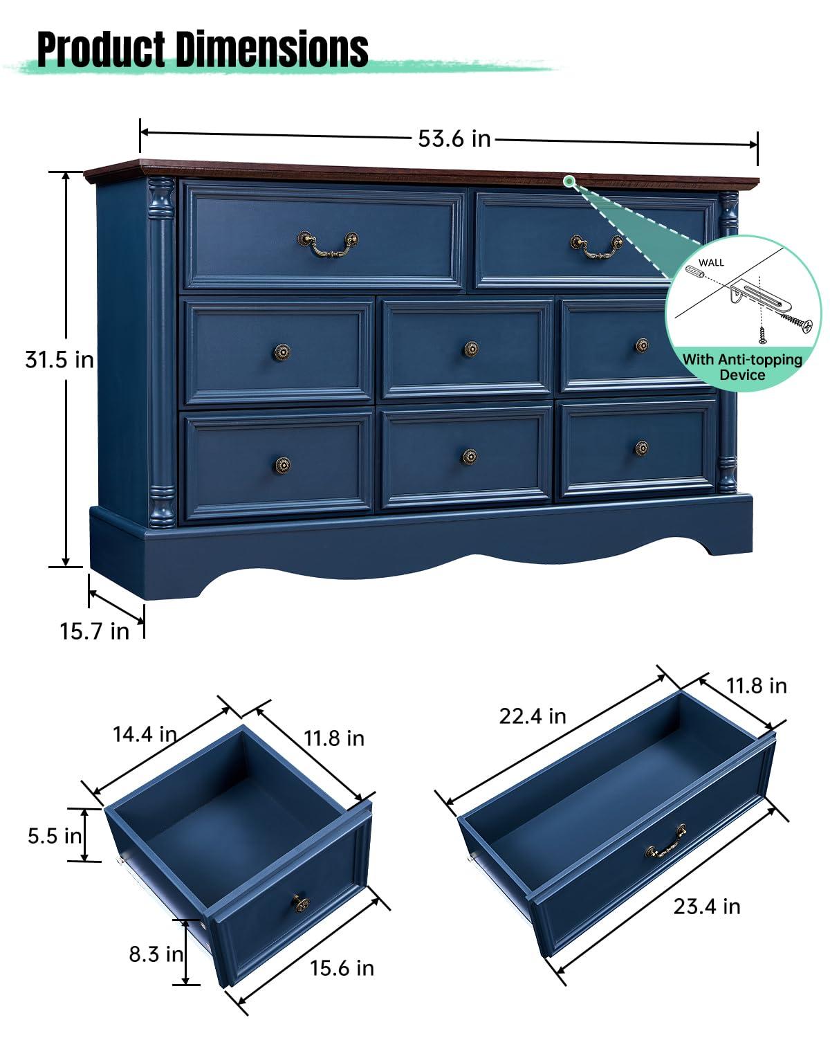 Charlton Home® Gorritz 8 Drawers Dresser, 54" Wide Farmhouse Chest of Drawers with Charging Station