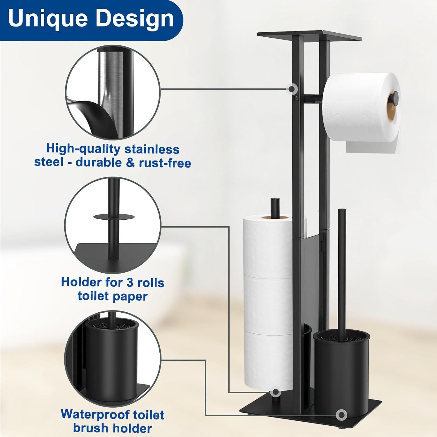 Black Freestanding Toilet Paper Holder with Brush and Storage Shelf