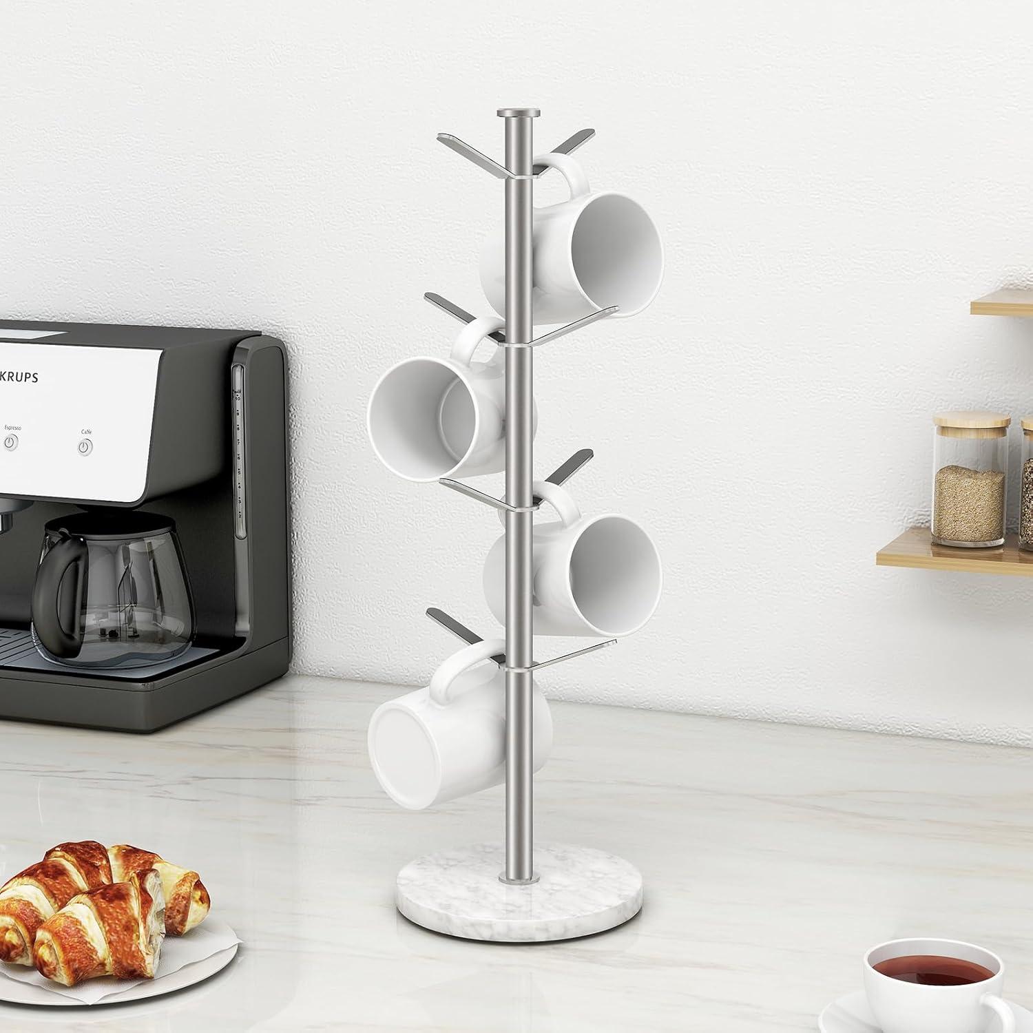 White Marble Base Stainless Steel Mug Holder Tree with 8 Hooks