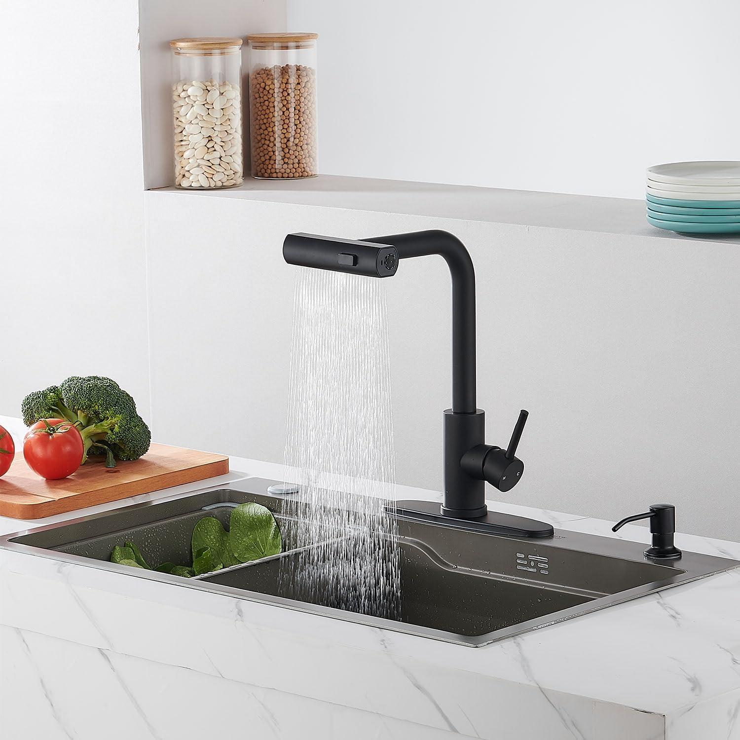 Matte Black Stainless Steel Pull Down Kitchen Faucet with Soap Dispenser