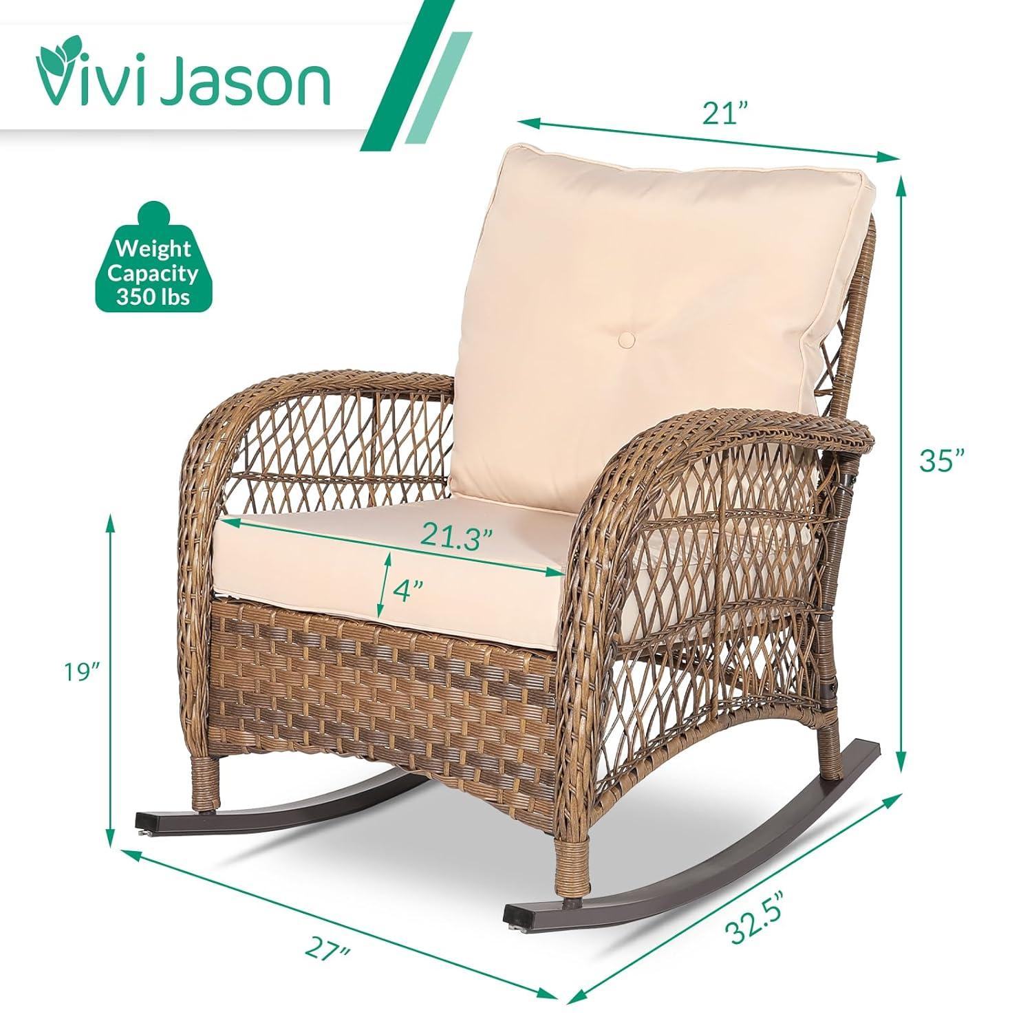 VIVIJASON 2 Piece Patio Wicker Rattan Rocker Chair, Outdoor Rattan Rocker Chair with Cushions & Steel Frame, All-Weather Rocking Lawn Wicker Furniture for Garden Backyard Porch (Beige)