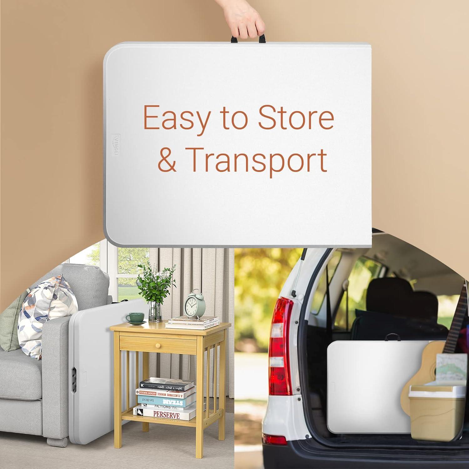 VINGLI 6 ft 3-Piece Portable Picnic White Table Bench Set, Weather-Resistant Plastic Folding Camping Beer Table w/Carrying Handles, for Family Garden Patio Outdoor Activities Use