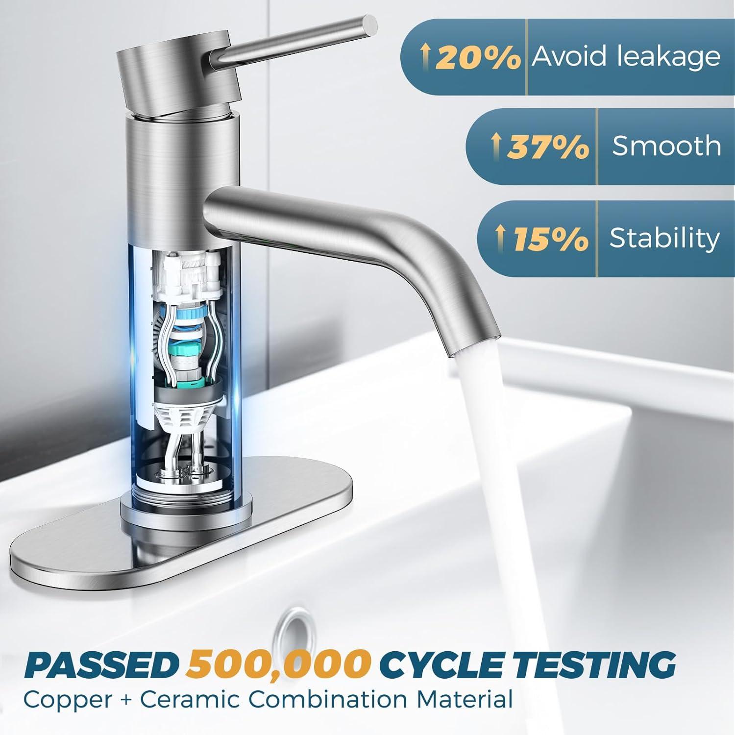 Single Handle Mid-Arc Bathroom Faucet with Deckplate and Pop-Up Drain in Brushed Nickel