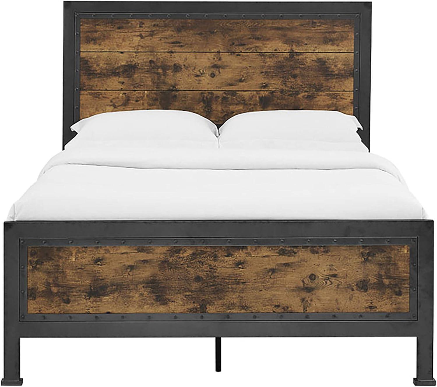 Walker Edison Queen Size Industrial Wood and Metal Bed - Brown