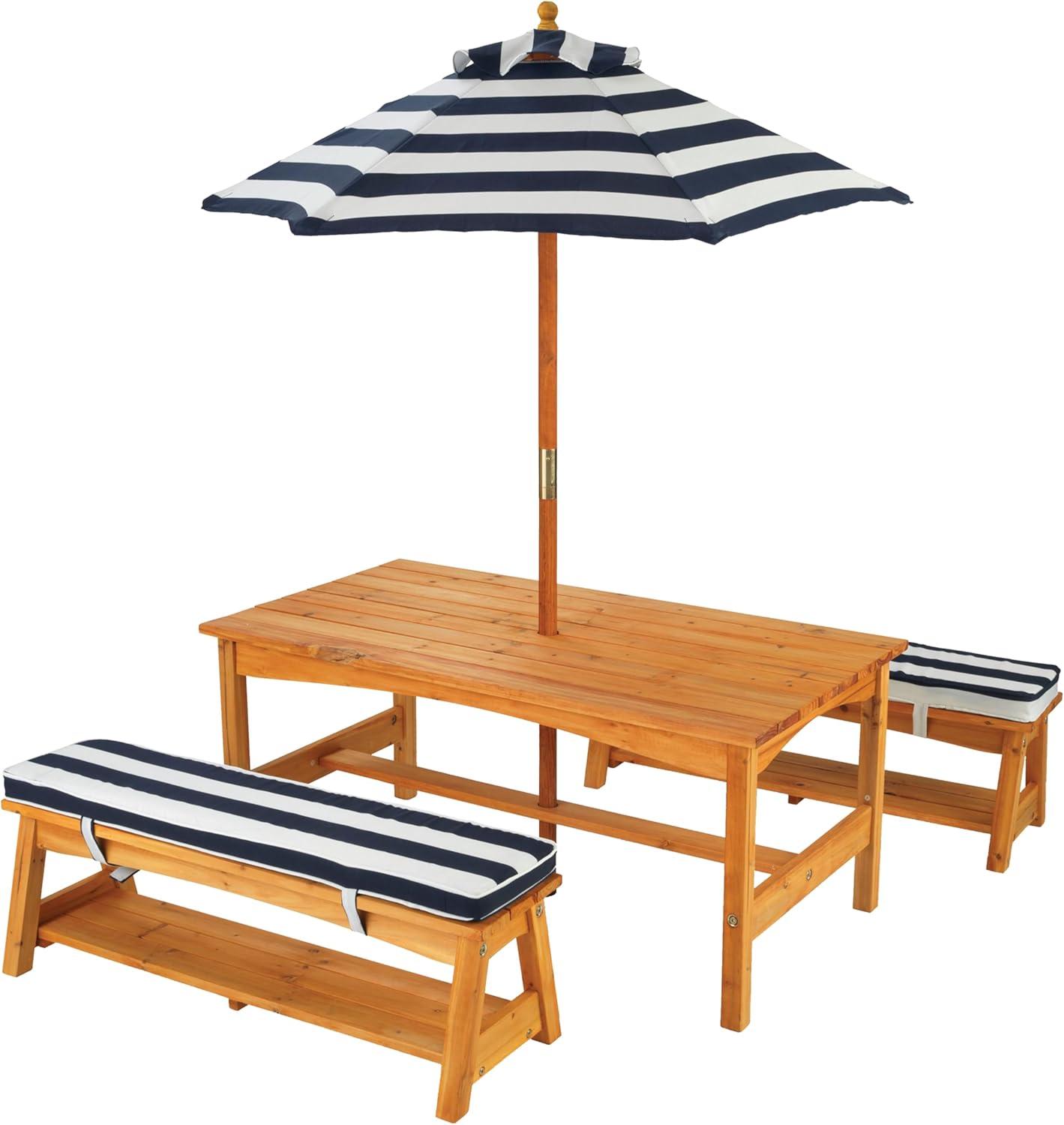 Outdoor Wooden Table & Benches with Cushions & Umbrella, Navy