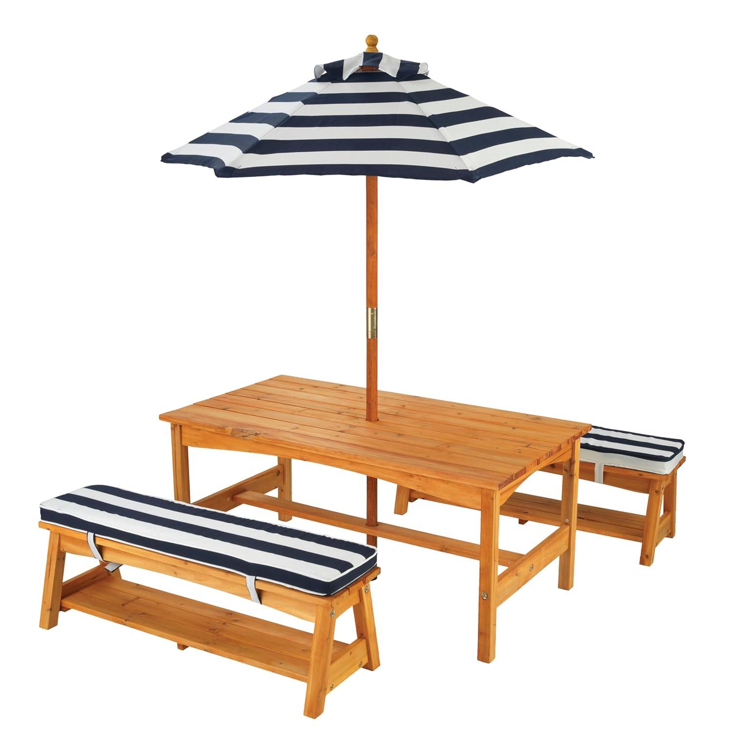 KidKraft Outdoor Wooden Table & Benches with Cushions & Umbrella, Navy