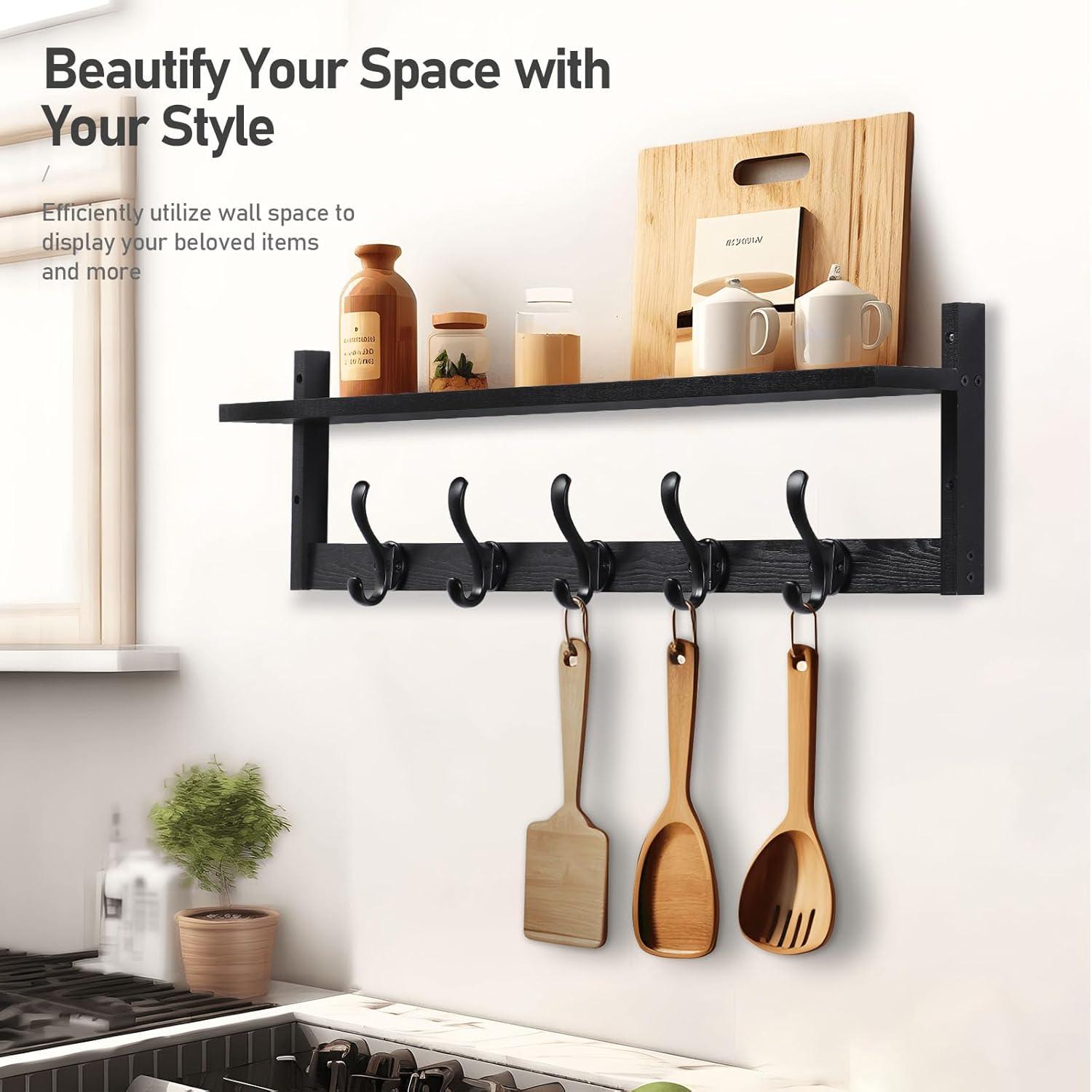 Coat Rack Wall Mount with Shelf, Wood Wall Hooks with Storage, Entryway Shelf with 5 Coat Hangers for Bathroom, Living Room, Bedroom, Black