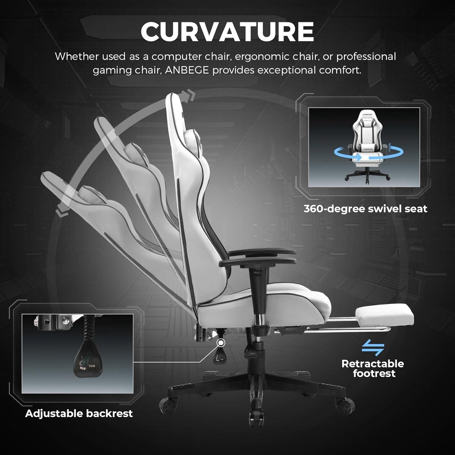 ANBEGE Gaming Chair Ergonomic Computer Office Chair PU Leather Executive Chair with Footrest, White