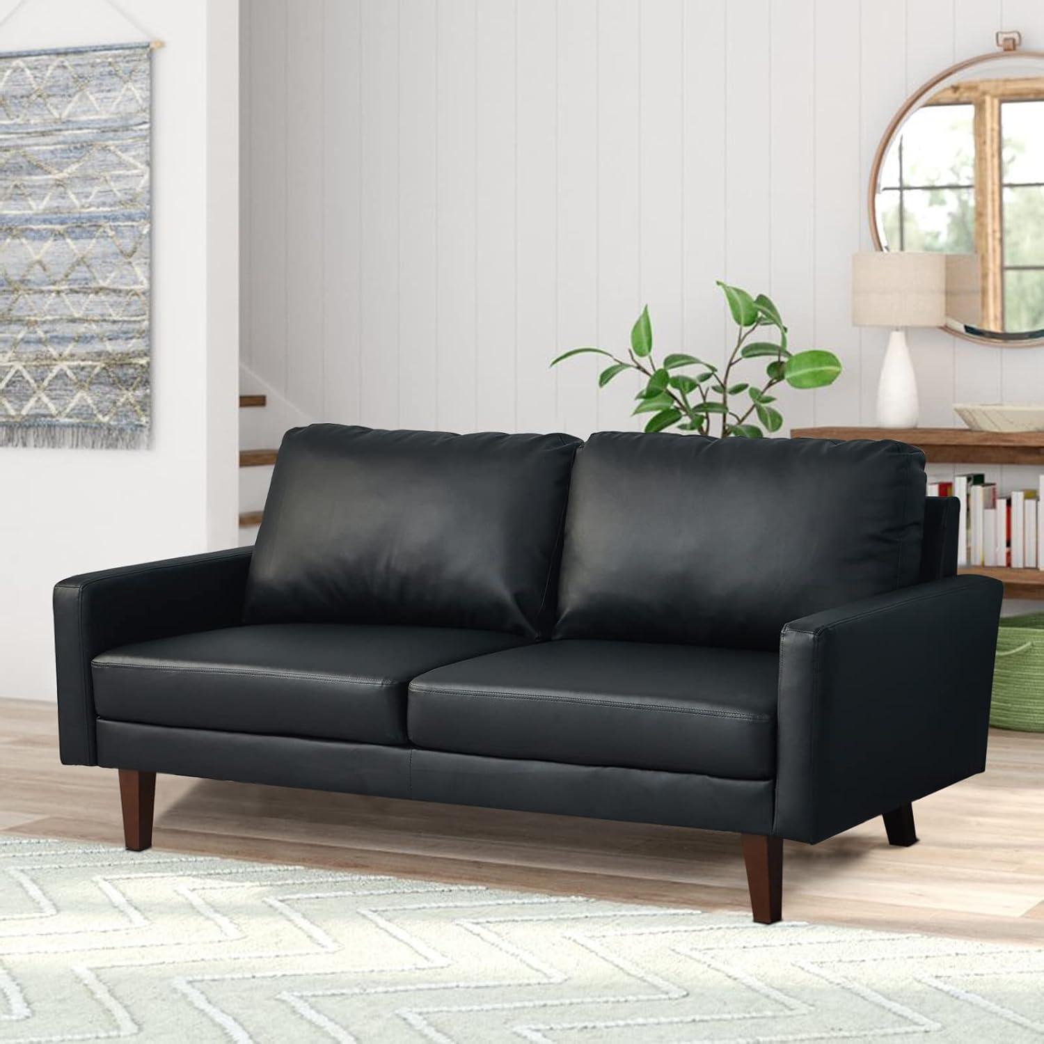 Black Faux Leather Mid-Century Modern Sofa with Wooden Legs