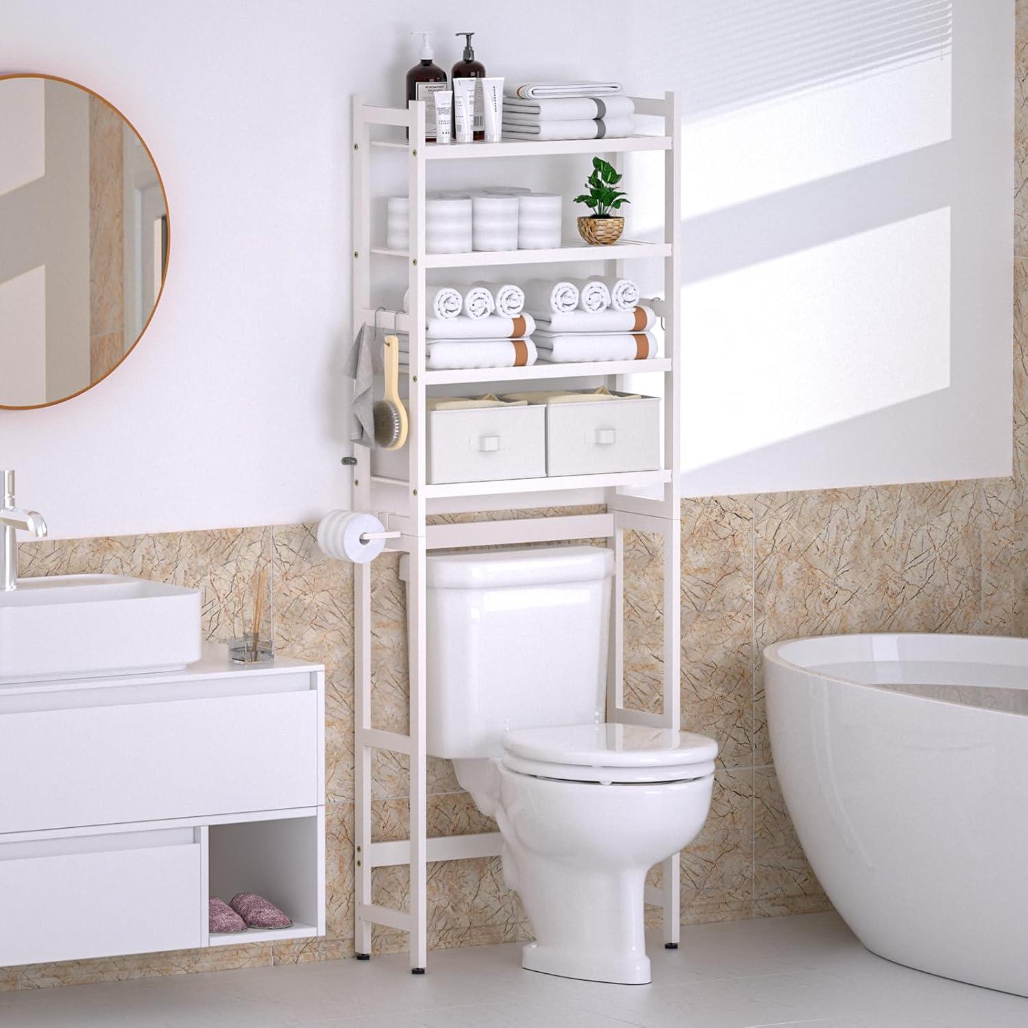 Over The Toilet Storage with 2 Baskets,4-Tier Bamboo Over Toilet Organizer Rack with Paper Holder & 4 Hooks & Waterproof Feet Pad,Freestanding Above Toilet Shelf for Bathroom(White)