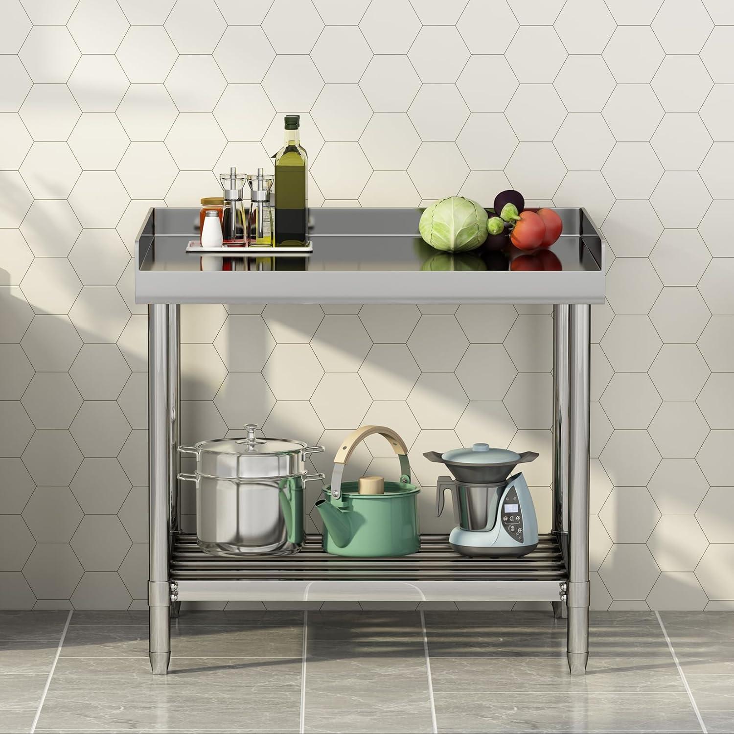 36 x 30 Inch Stainless Steel Work Table with Backsplash for Prep & Work, Heavy Duty Commercial Kitchen Island with Adjustable Undershelf for Home Restaurant