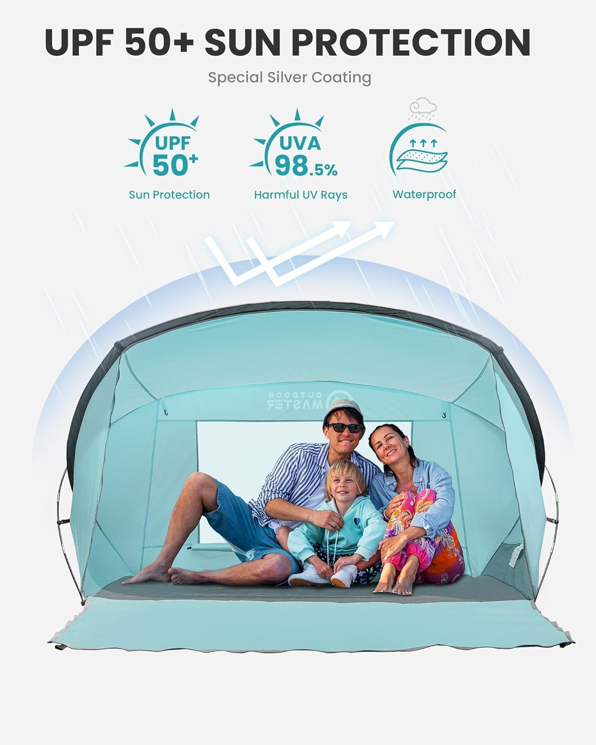 OutdoorMaster Beach Tent for 3-4 Person - Easy Setup and Portable Beach Shade Sun Shelter Canopy with UPF 50+ UV Protection Removable Skylight Family Size-Green