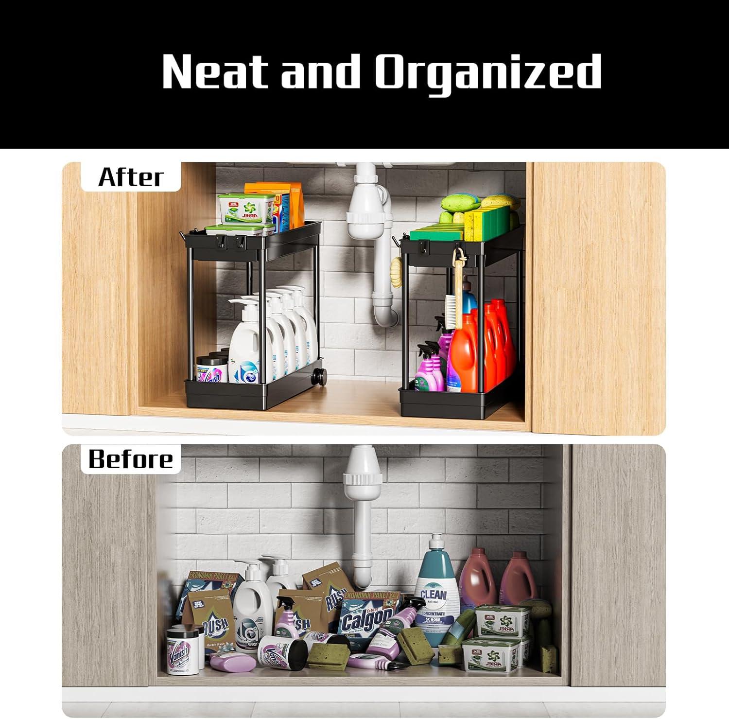 2 Pack Under Sink Organizer, 2 Tier Bathroom Cabinet Organizers and Storage with Hook, Multi-purpose Storage Basket Shelf for Kitchen, Black