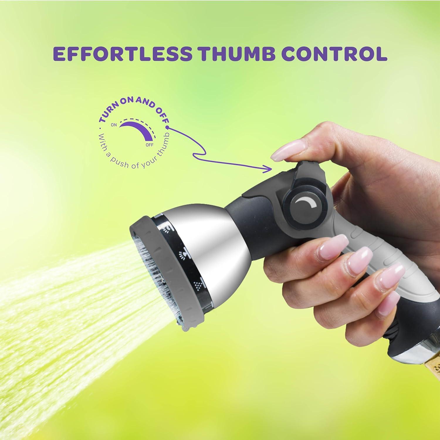 Hose Nozzle [Silver] Heavy Duty Hose Sprayer With 10 Adjustable Watering Patterns. Thumb Control Design, Comfortable Ergonomic Grip, Garden Hose Nozzle for Watering Plants & Lawns/Fun showers/Cleaning