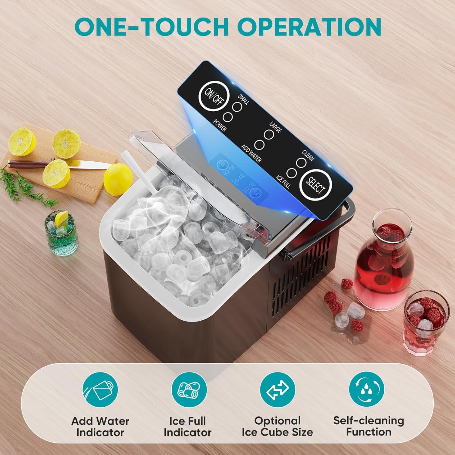 Ice Maker, 9Pcs/6Min, Self-Cleaning Portable Ice Maker Machine, 40 db quieter processing, 26Lbs/24H with Ice Scoop and Handle, 2 Sizes Bullet Cubes Makers, Black