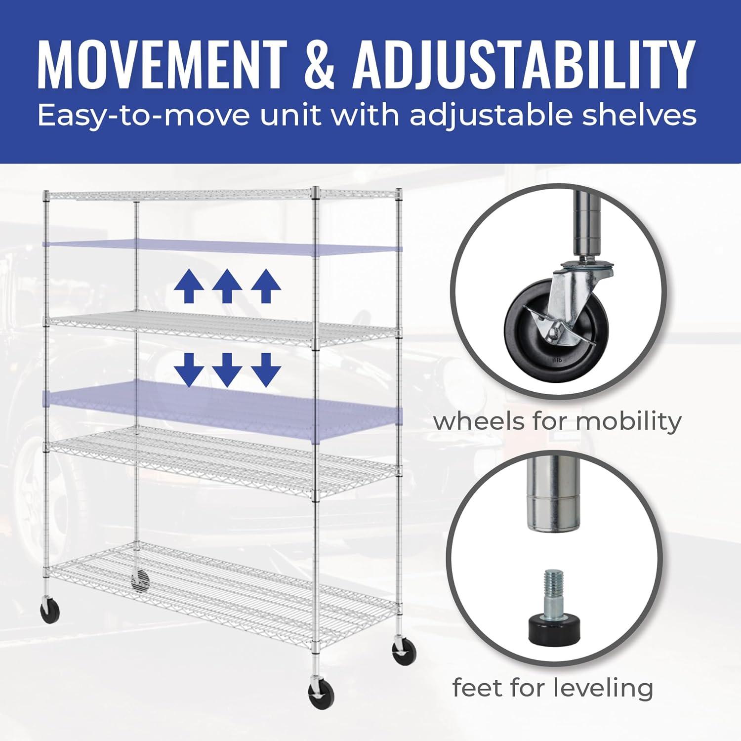 Industrial-Grade 60"x24"x72" 4-Tier Steel Wire Shelving with Wheels