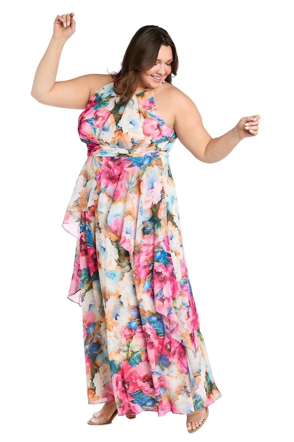 Vibrant Floral Chiffon Halter Maxi Dress with Ruffle Hem