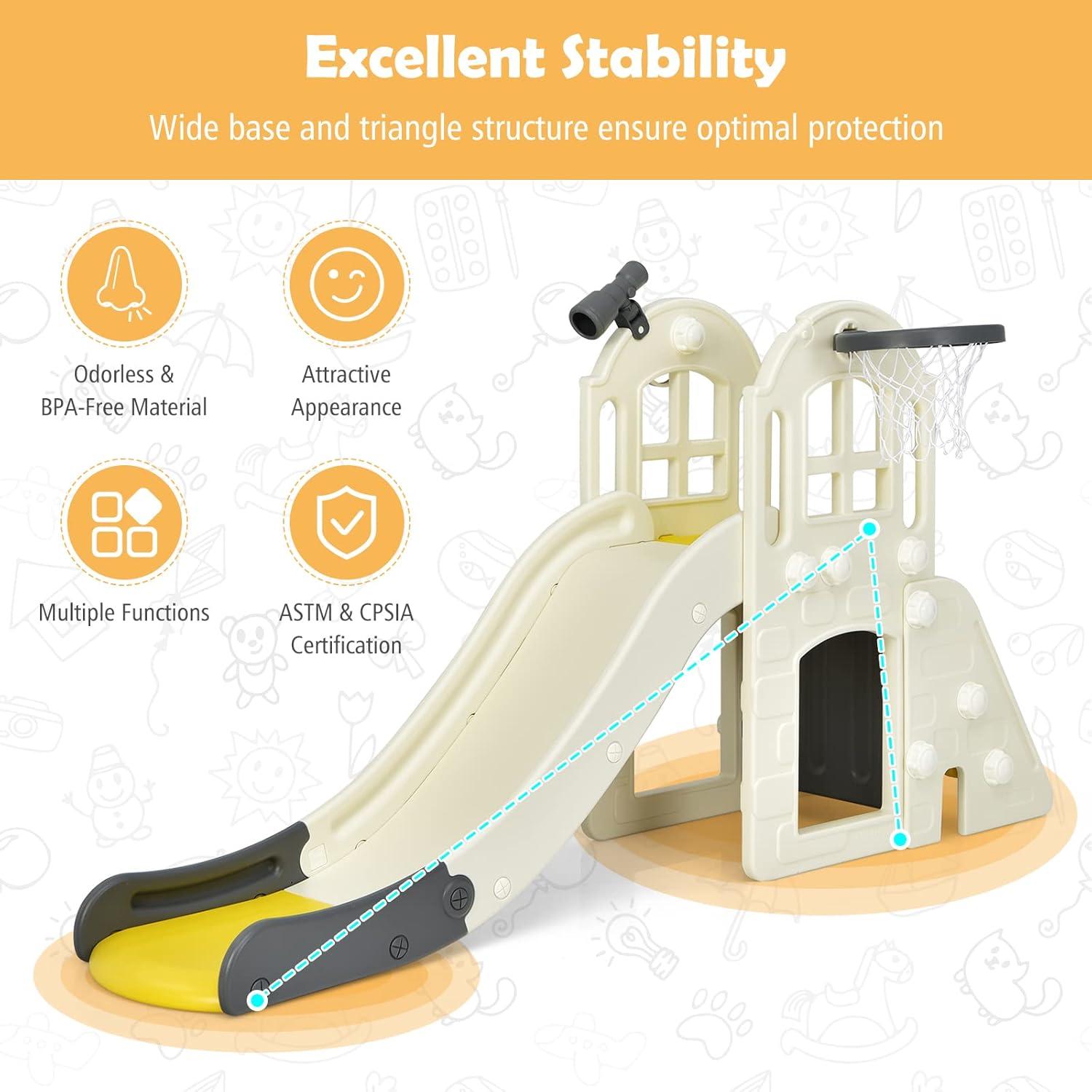 Costway 6-In-1 Large Slide for Kids Toddler Climber Slide Playset w/ Basketball Hoop Yellow