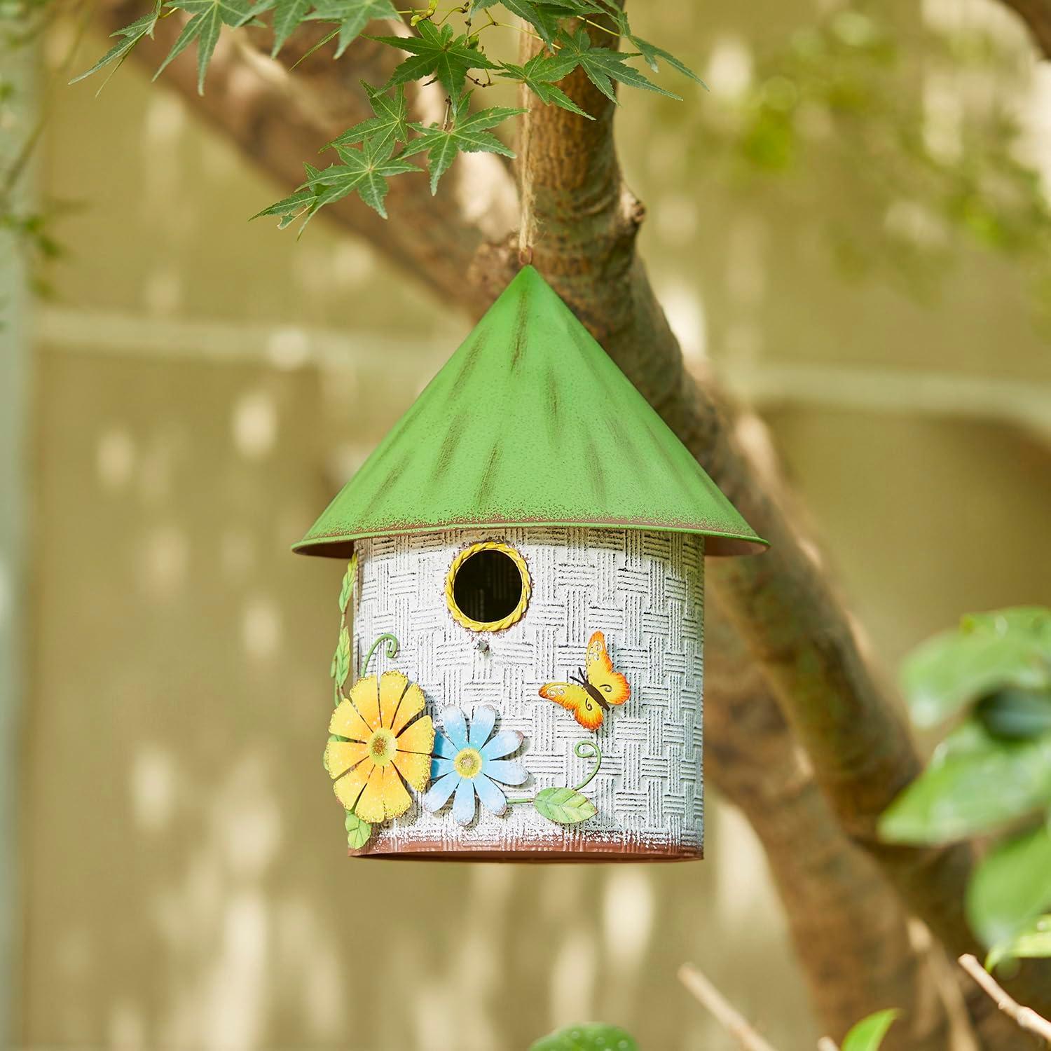 Distressed Metal Cottage Birdhouse with 3D Flowers and Butterfly