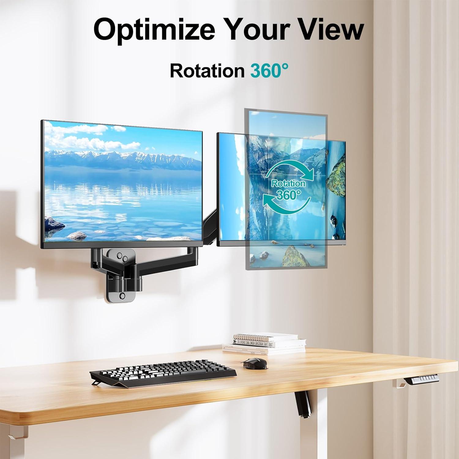 Black Dual Arm Full Motion Wall Monitor Mount with Gas Spring