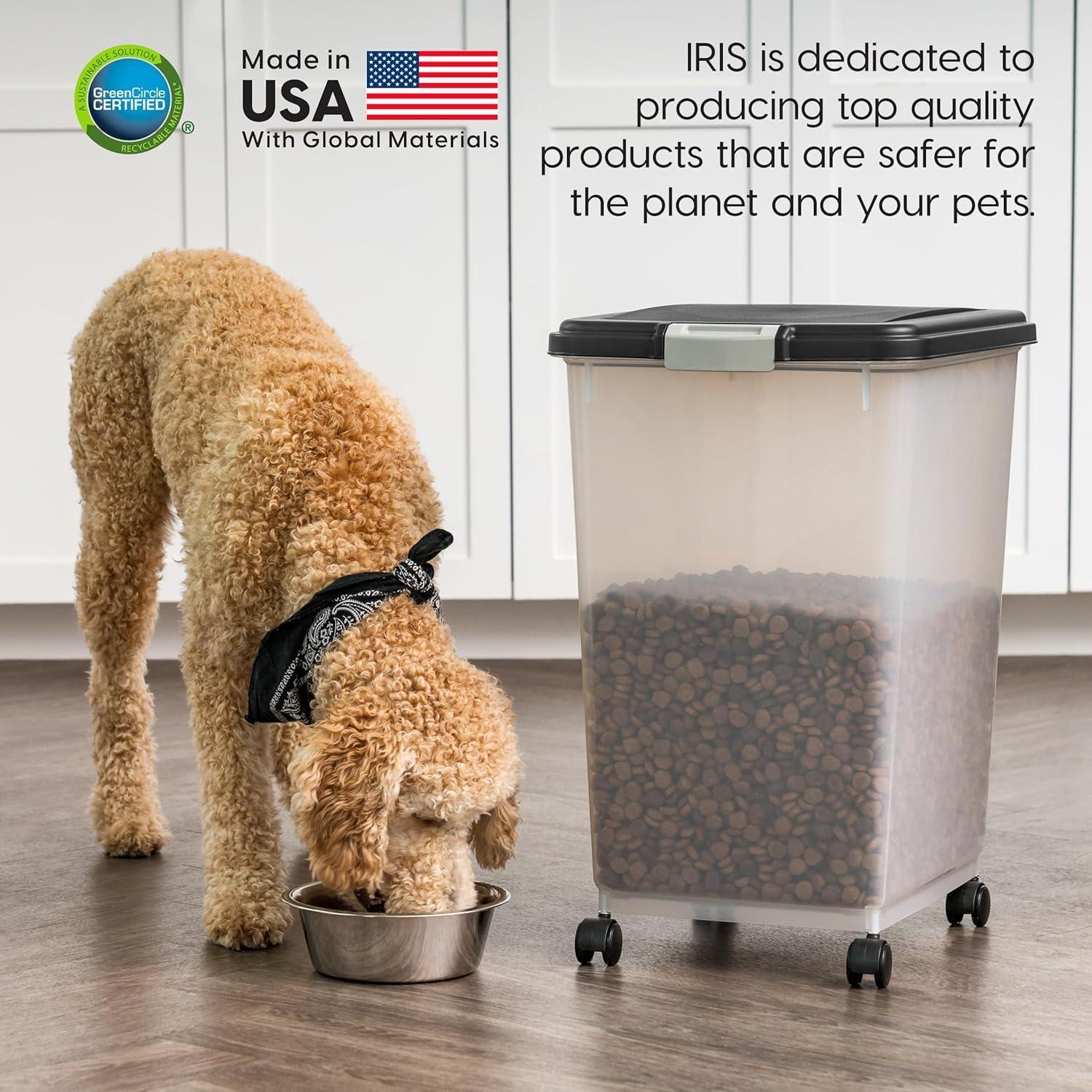 IRIS USA 54 Lbs / 69 Qt WeatherPro Airtight Pet Food Storage Container with Attachable Casters, For Dog Cat Bird and Other Pet Food Storage Bin, Black