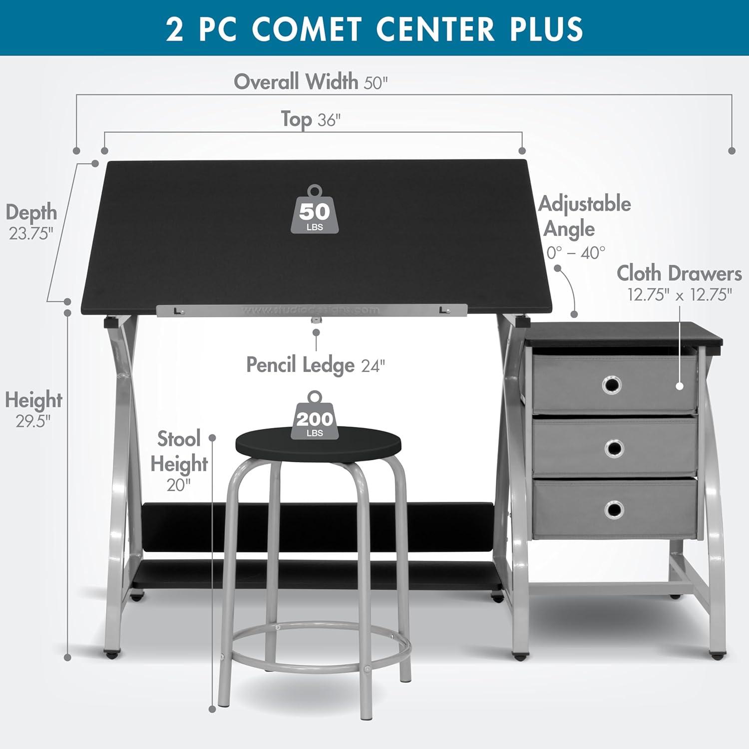Comet Plus Drawing Table and Stool Set Silver/Gray - studio designs: Adjustable Top, Storage Drawers, Padded Seat