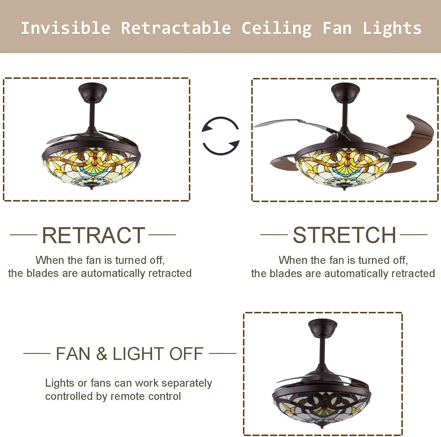 FETCOI 42"Tiffany Style Invisible Ceiling Fan with Lights and Remote Control Retractable Reverse Blades
