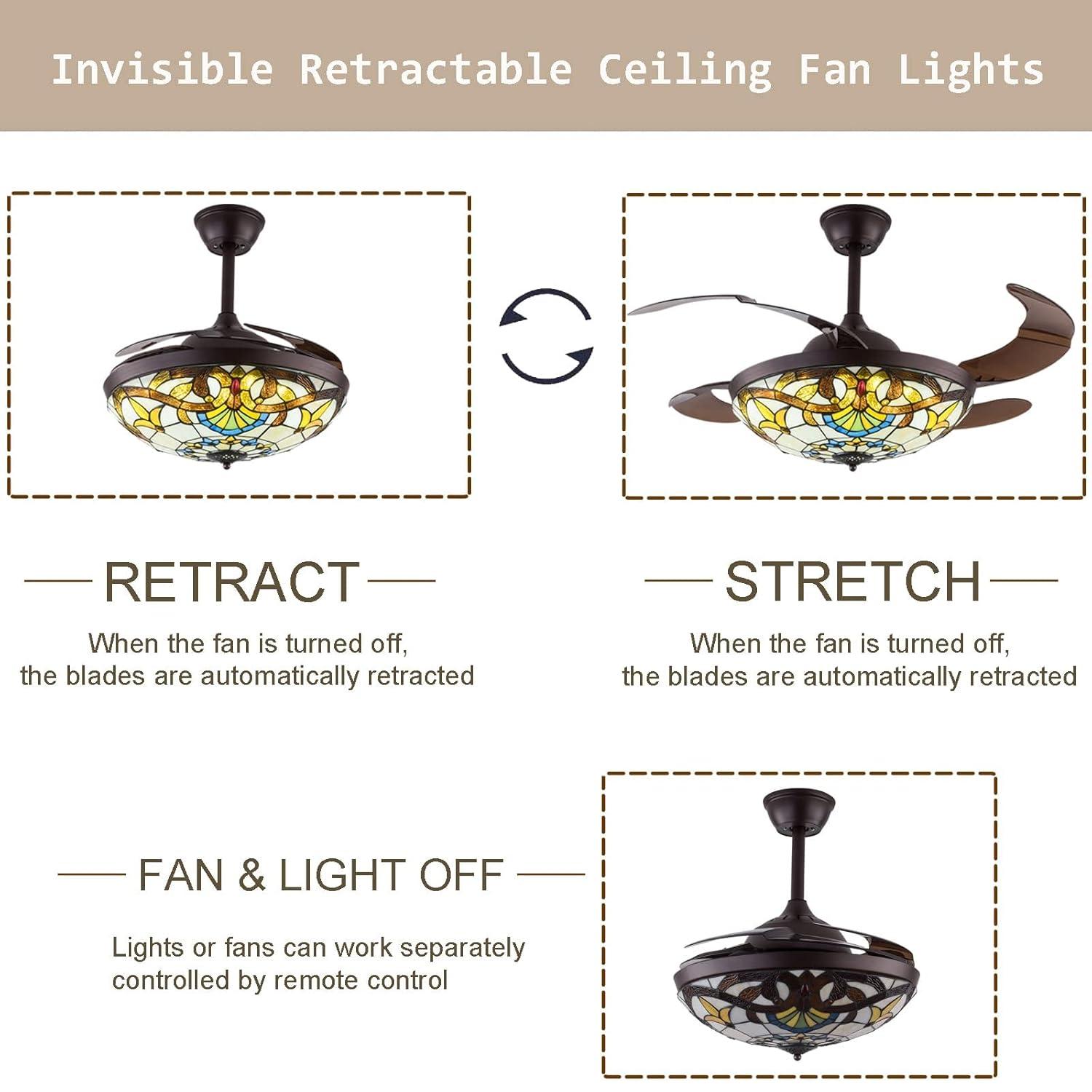 FETCOI 42"Tiffany Style Invisible Ceiling Fan with Lights and Remote Control Retractable Reverse Blades