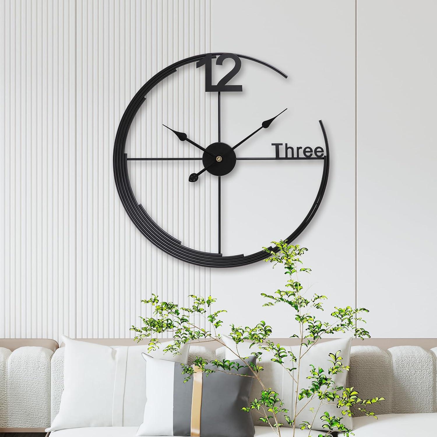 Large Wall Clock, Metal Retro Minimalist Modern Clock, Round Silent Non-Ticking Battery Operated Wall Clocks for Living Room / Home /Kitchen /Bedroom /Office/School Decor (Black, 24 Inch)