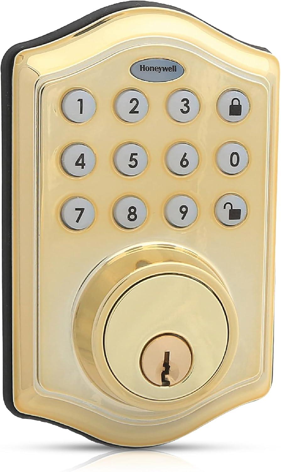 Honeywell Electronic Deadbolt- Polished Brass: Single Cylinder Door Lock, Steel & Plastic, Electric, Gold Finish