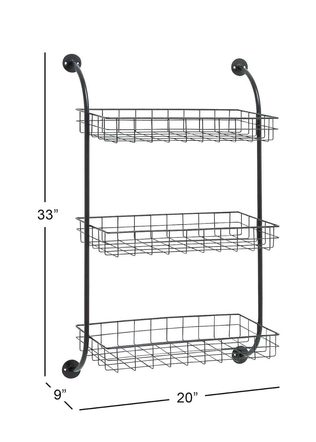 DecMode 21" x 10" 3-Tier Black Wall Shelf with Suspended Baskets