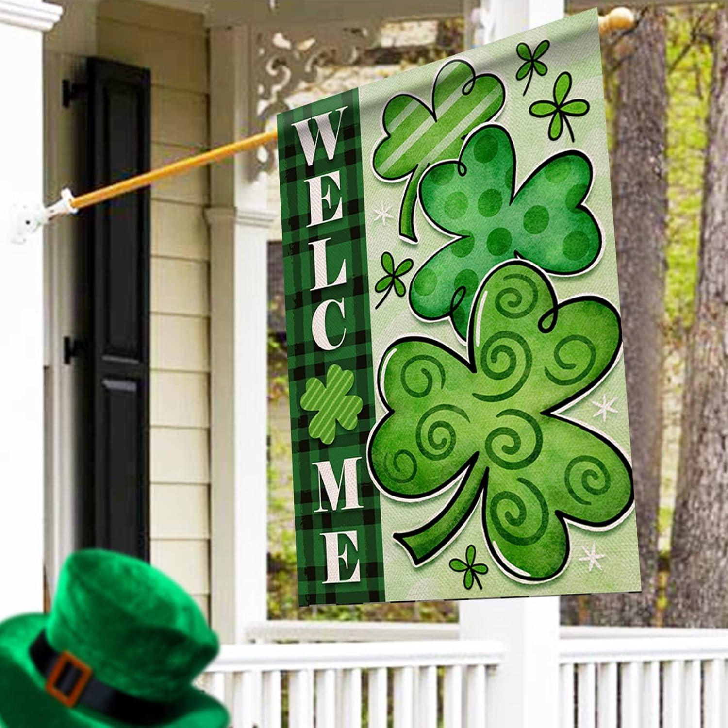 Shamrocks St. Patrick's Day Burlap House Flag Welcome 28" x 40" Briarwood Lane