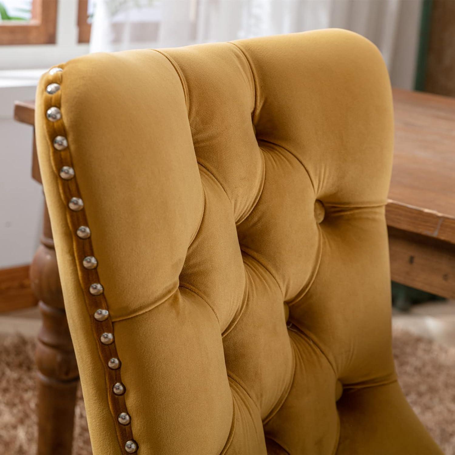 Luxurious Golden Velvet Tufted Dining Chair Set with Wood Legs and Nailhead Trim - Set of 2