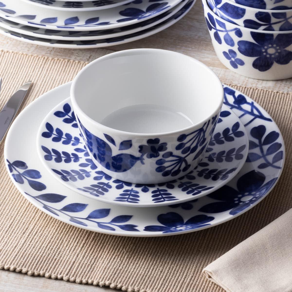 Blue and White Floral Porcelain 12-Piece Dinnerware Set