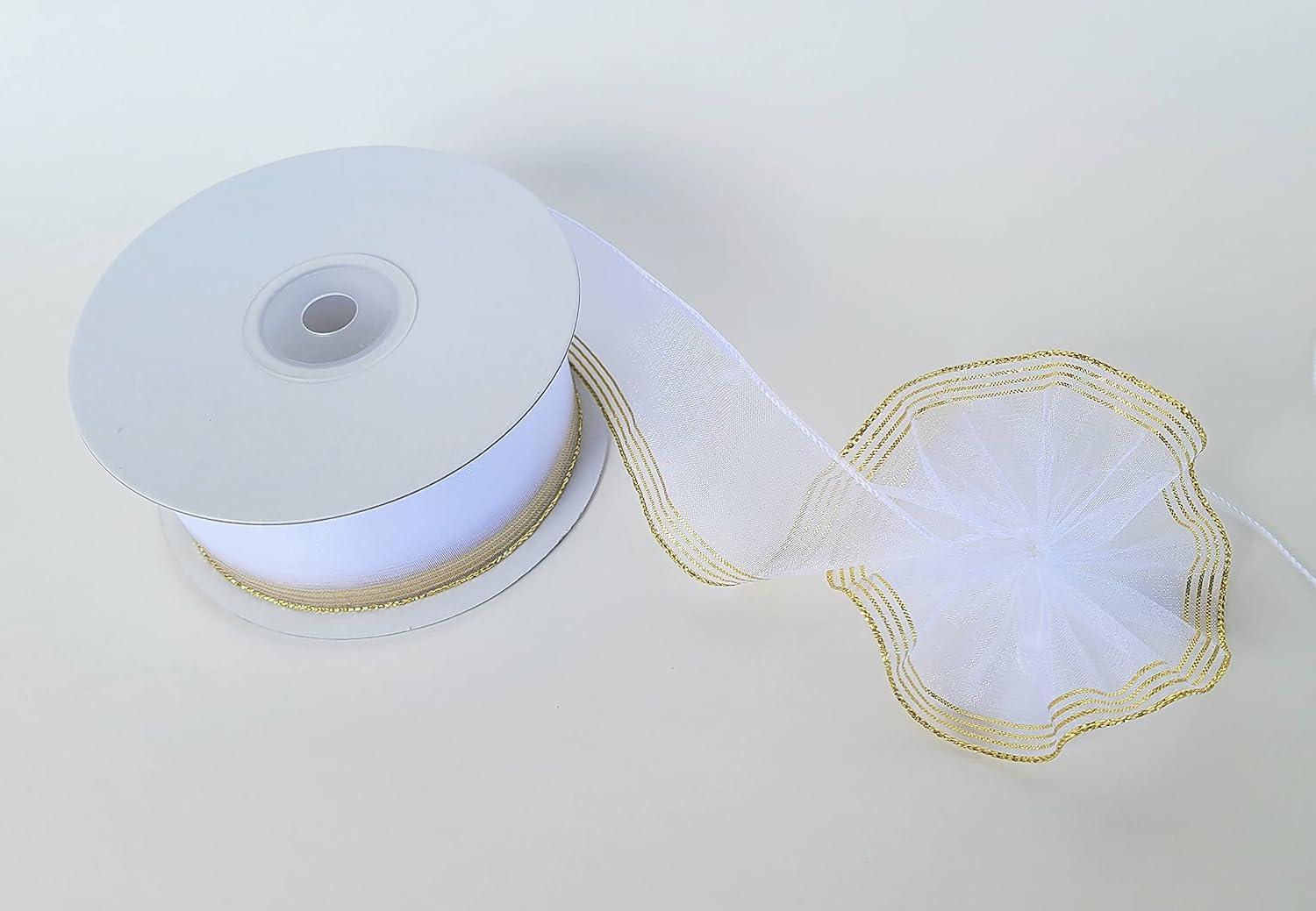 1-1/2" Sheer Organza Ruffle Type Wide String Capia Pull Bow Ribbon 25Yards Gift Wrapping Favor Decorating (White with Gold Edge)