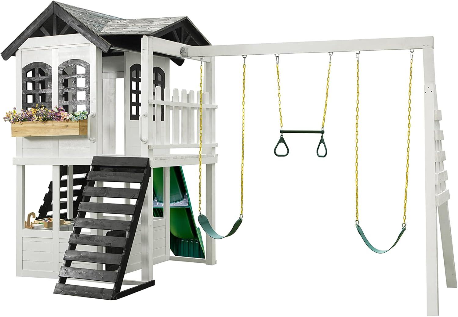 2MamaBees Reign Two Story Playhouse | Black & White Farmhouse Design with Kitchen and Garden