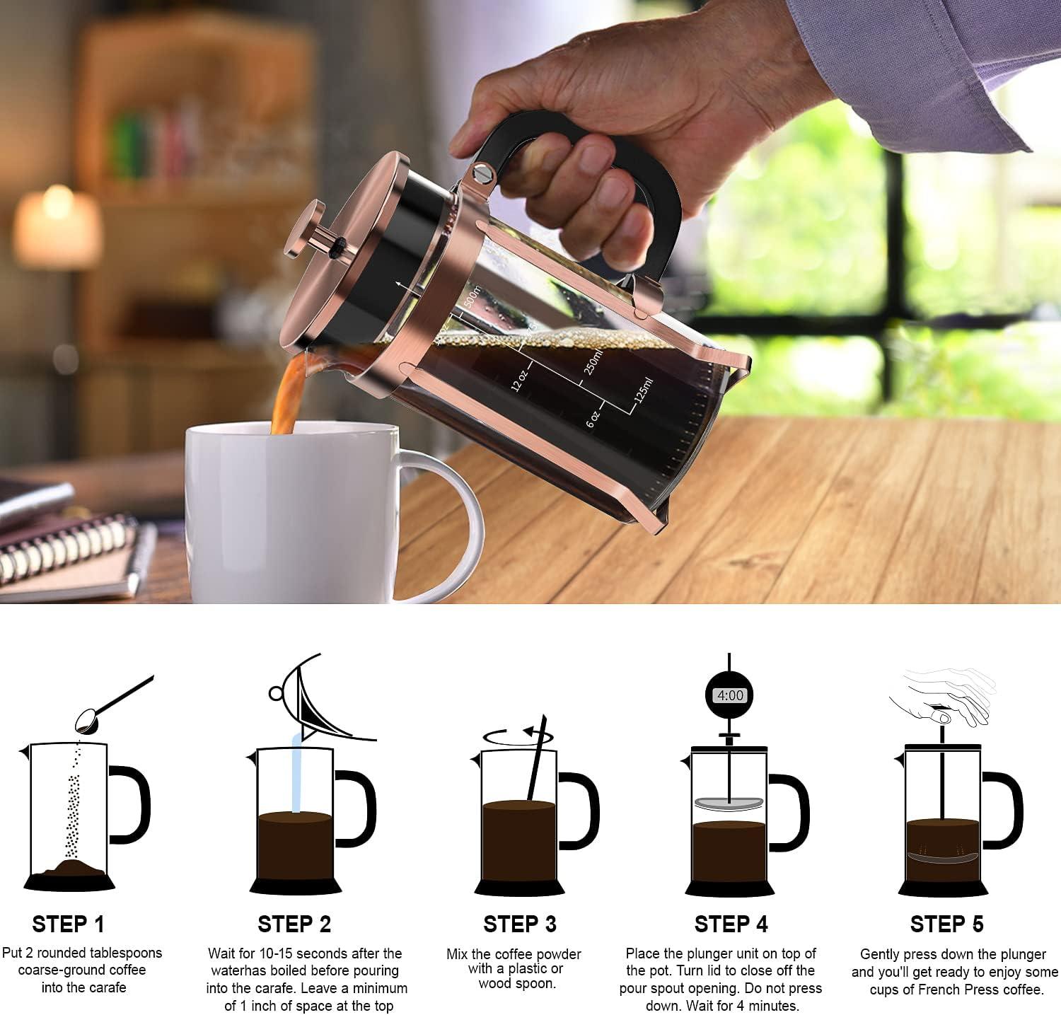 French Press Coffee Maker (21oz 600ML 3-4Cup) Coffee Press, with 4 Filters System, Heat Resistant Thickness Borosilicate Glass, Cold Brew Coffee Tea Pot Gifts (Copper)