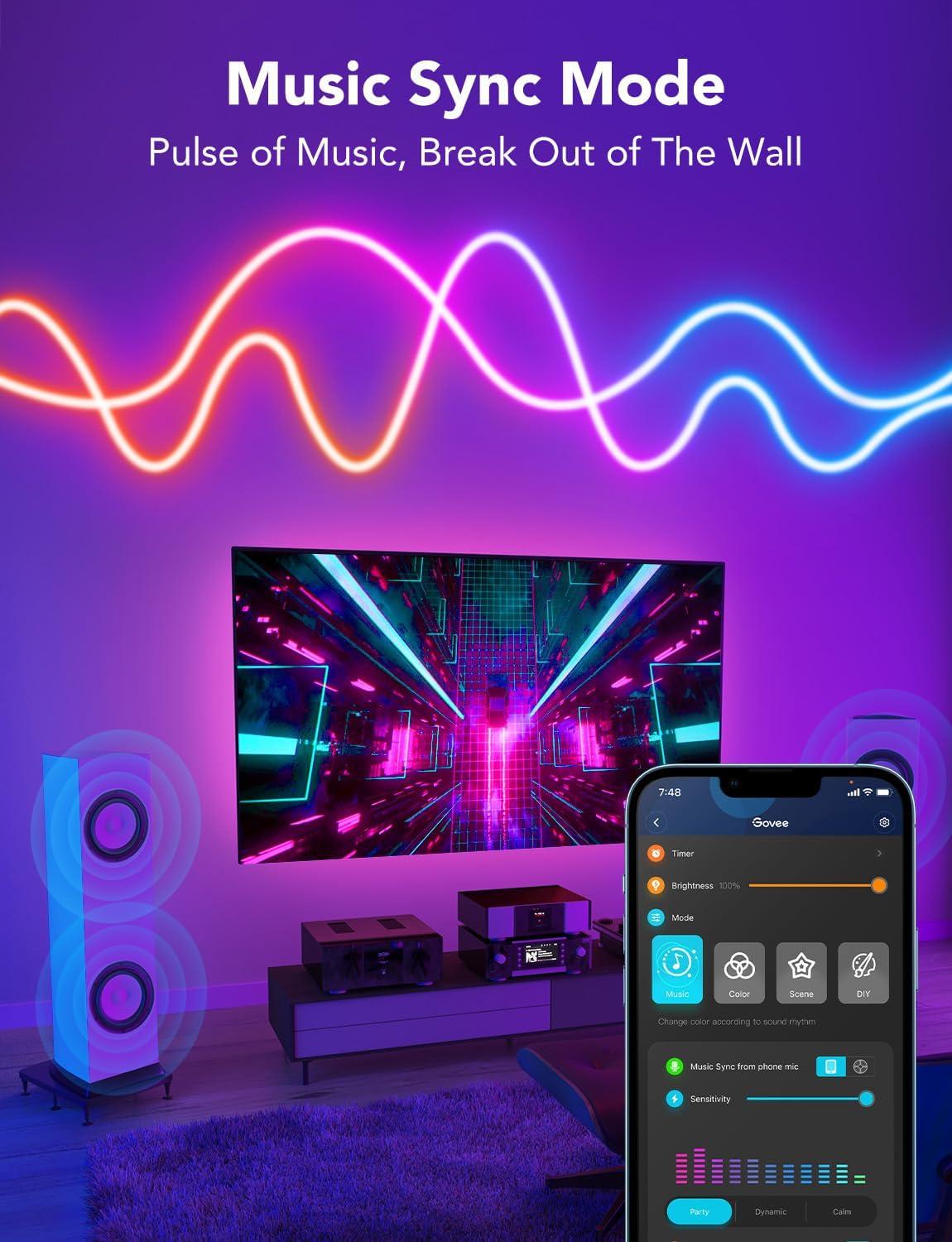 Govee RGBIC Neon Rope Light, 10ft LED Strip Lights, Music Sync, DIY Design, Works with Alexa, Google Assistant, Neon Lights for Gaming Room Living Bedroom Wall Decor (Not Support 5G WiFi)