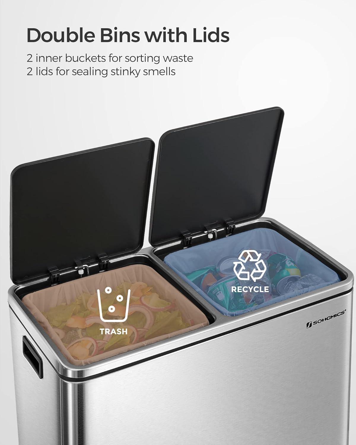 Songmics 2 x 8 Gallon Stainless Steel Multi-Compartments Trash Can with 15 trash bags