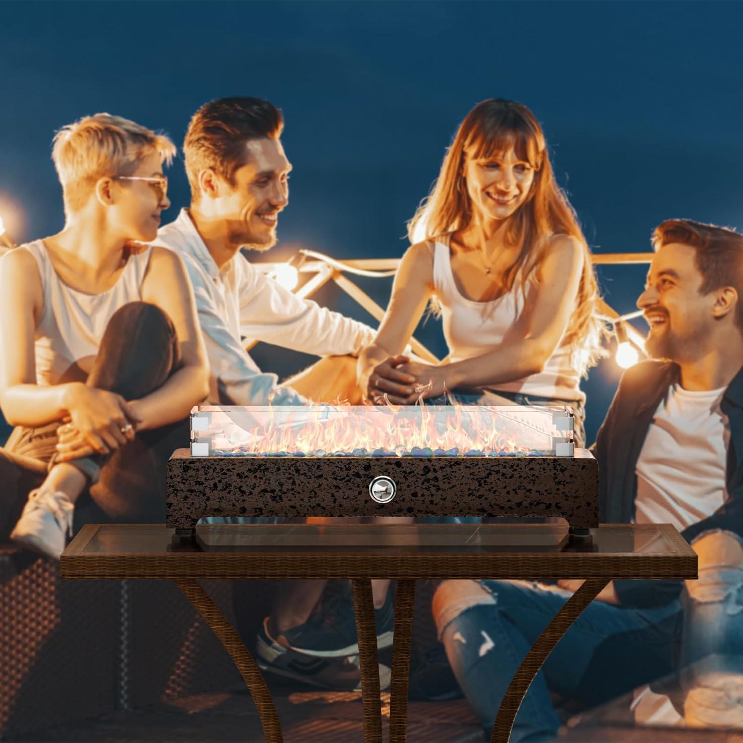 COSIEST 28" Tabletop Fire Pit, CSA Certified Outdoor Propane Fire Pit Table w Magnesium Oxide Rectangle Base, 40,000 BTU Stainless Steel Burner, Glass Rocks, Glass Wind Guard, Fits 20lb Tank Outside