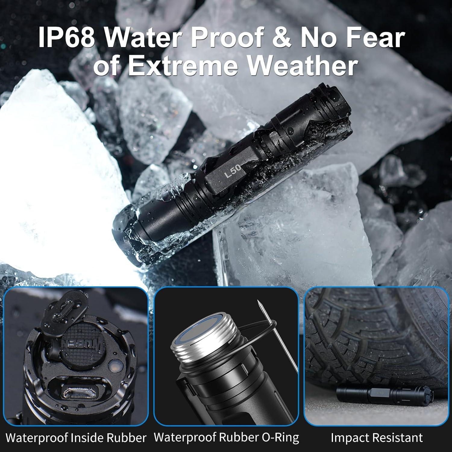 Wuben L50 Rechargeable Tactical Flashlights, 1200 Lumens, IP68 Waterproof, 5 Modes for Emergency, Rescue, Inspection, Hunting