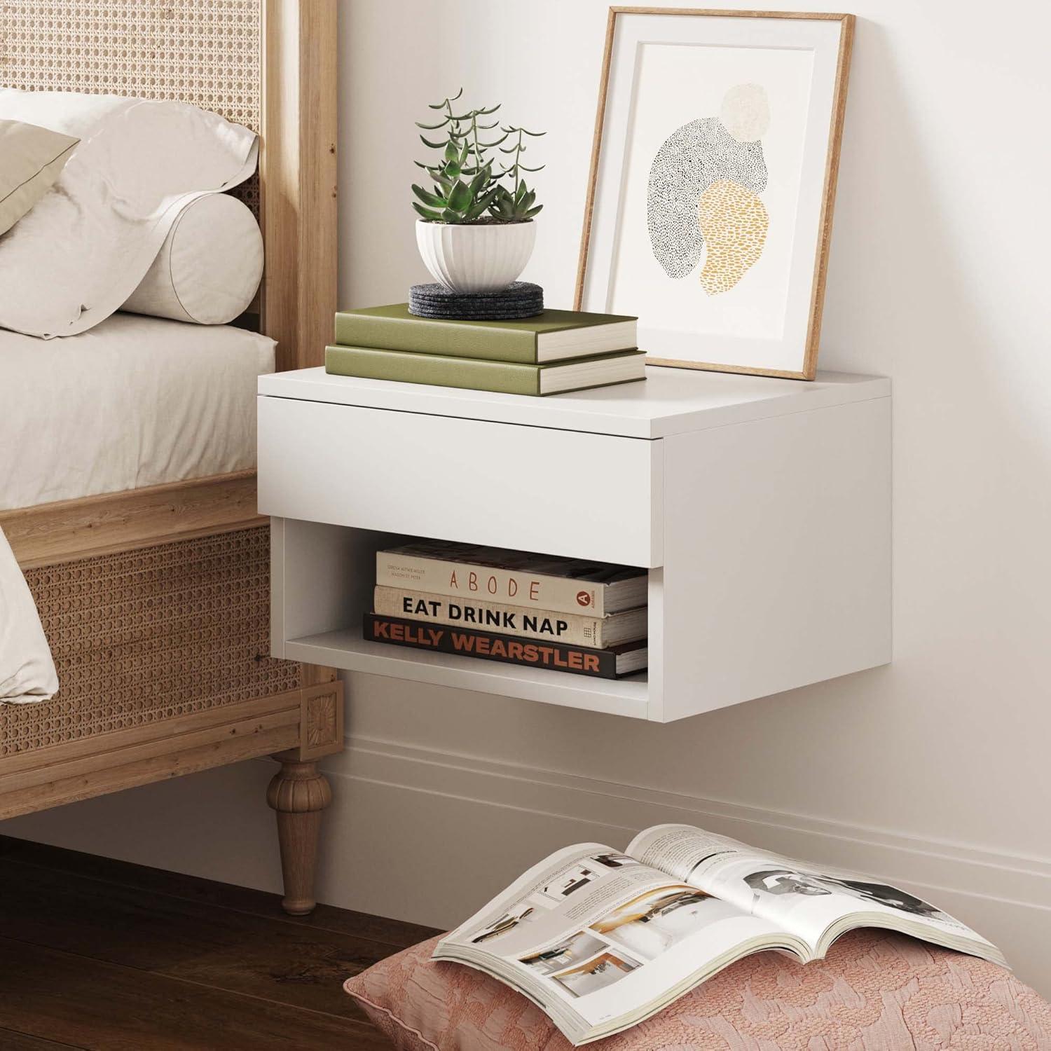 Jackson Wall Mount Shelf Side Table Matte White - Nathan James: Modern Floating Bedside Storage with Drawer